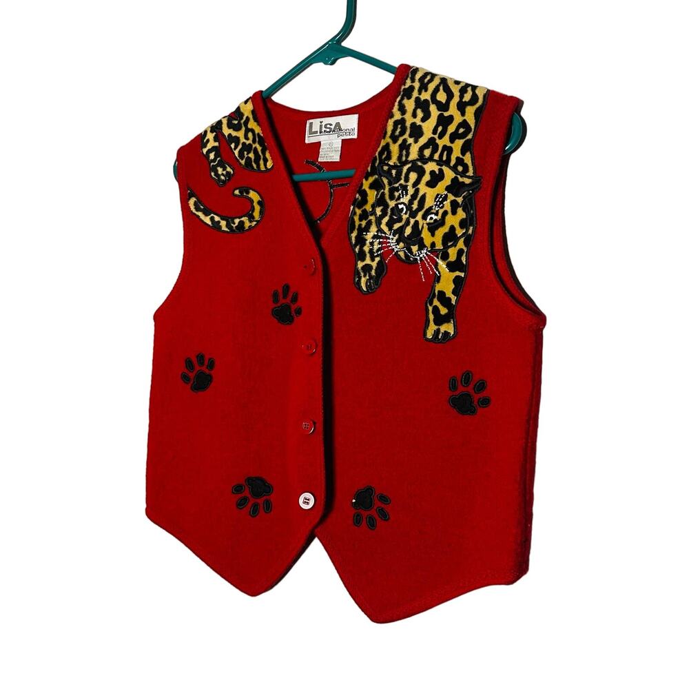 Lisa International 100% Boiled Wool Red Leopard Design Vest Size Petite Small